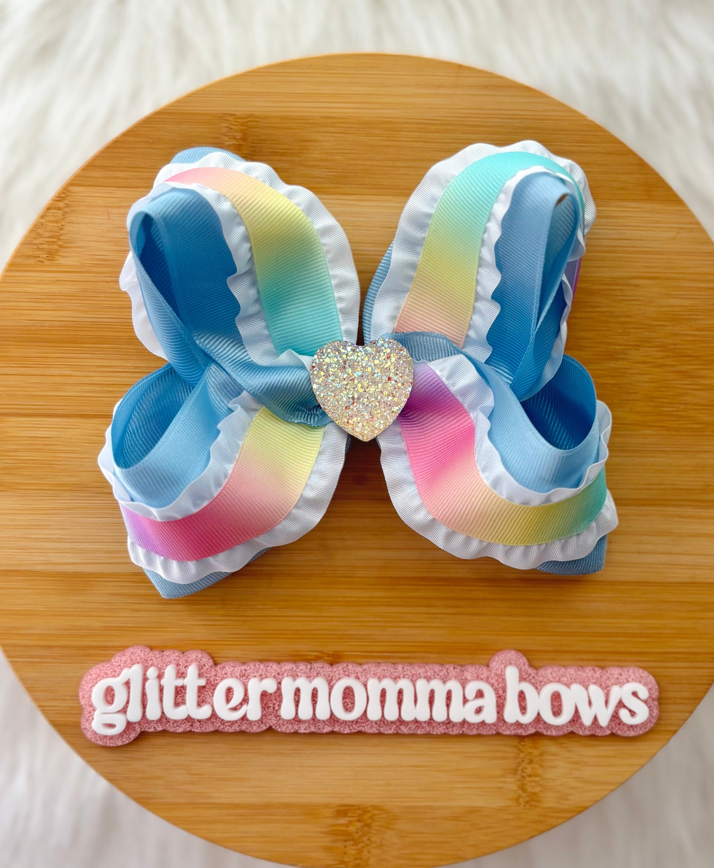 6” Pastel Rainbow Hair Bow on Clip – Layered Boutique Bow with Glitter Heart Center