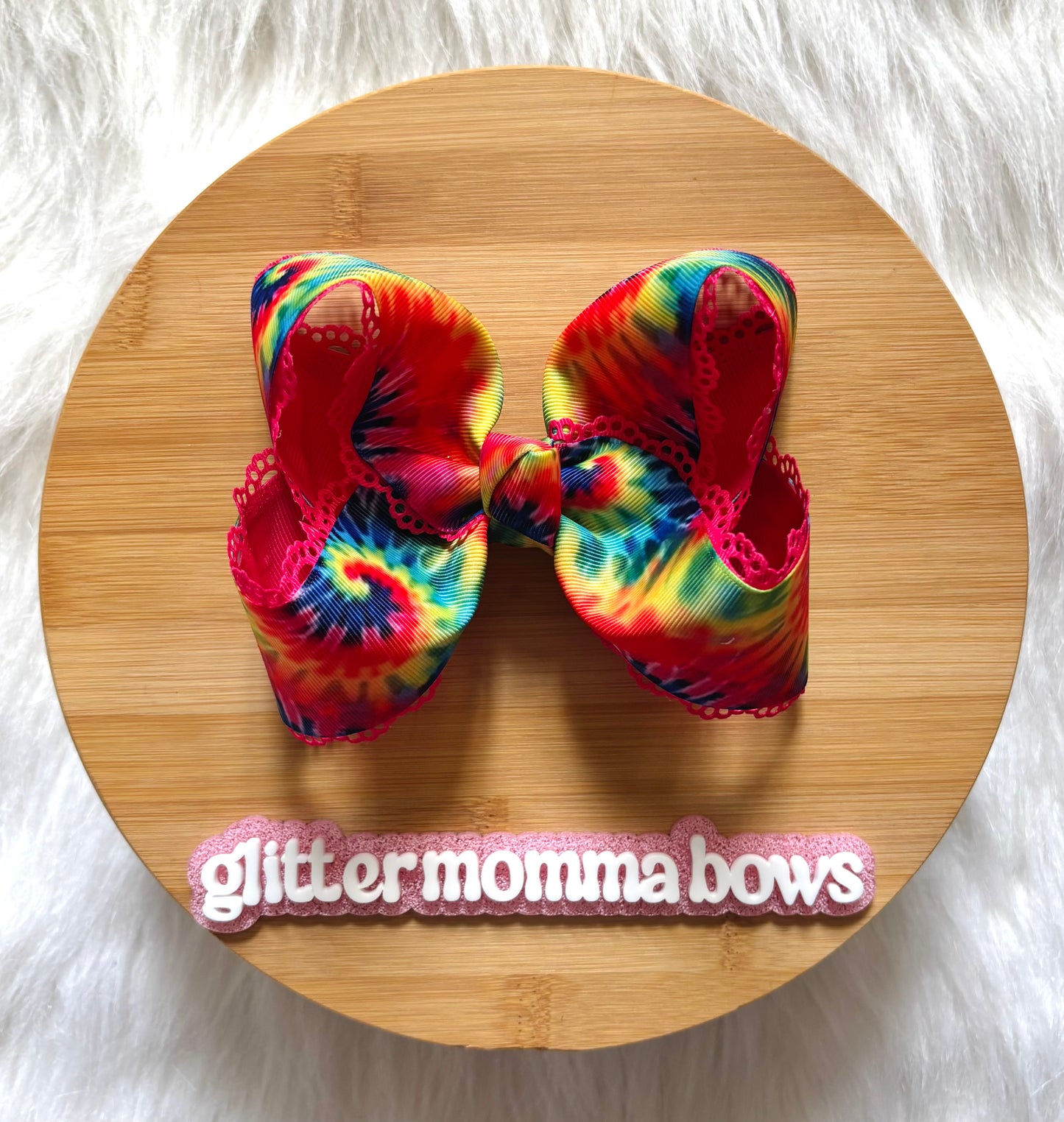 Vibrant Tie-Dye Hair Bow with Hot Pink Lace Trim – 5 Inch Clip Bow