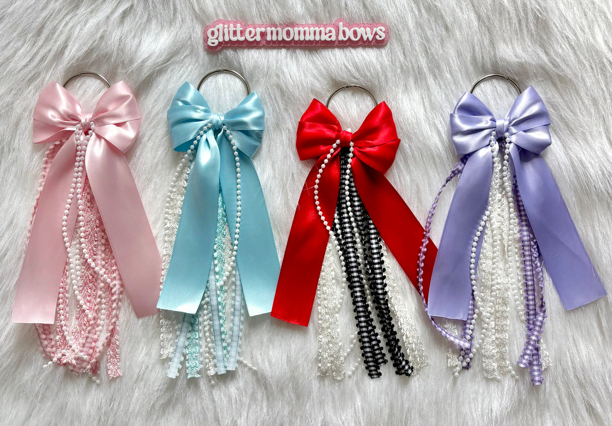 11” Baby Blue Glam Bag Bow | Satin, Lace & Pearl Backpack Bow