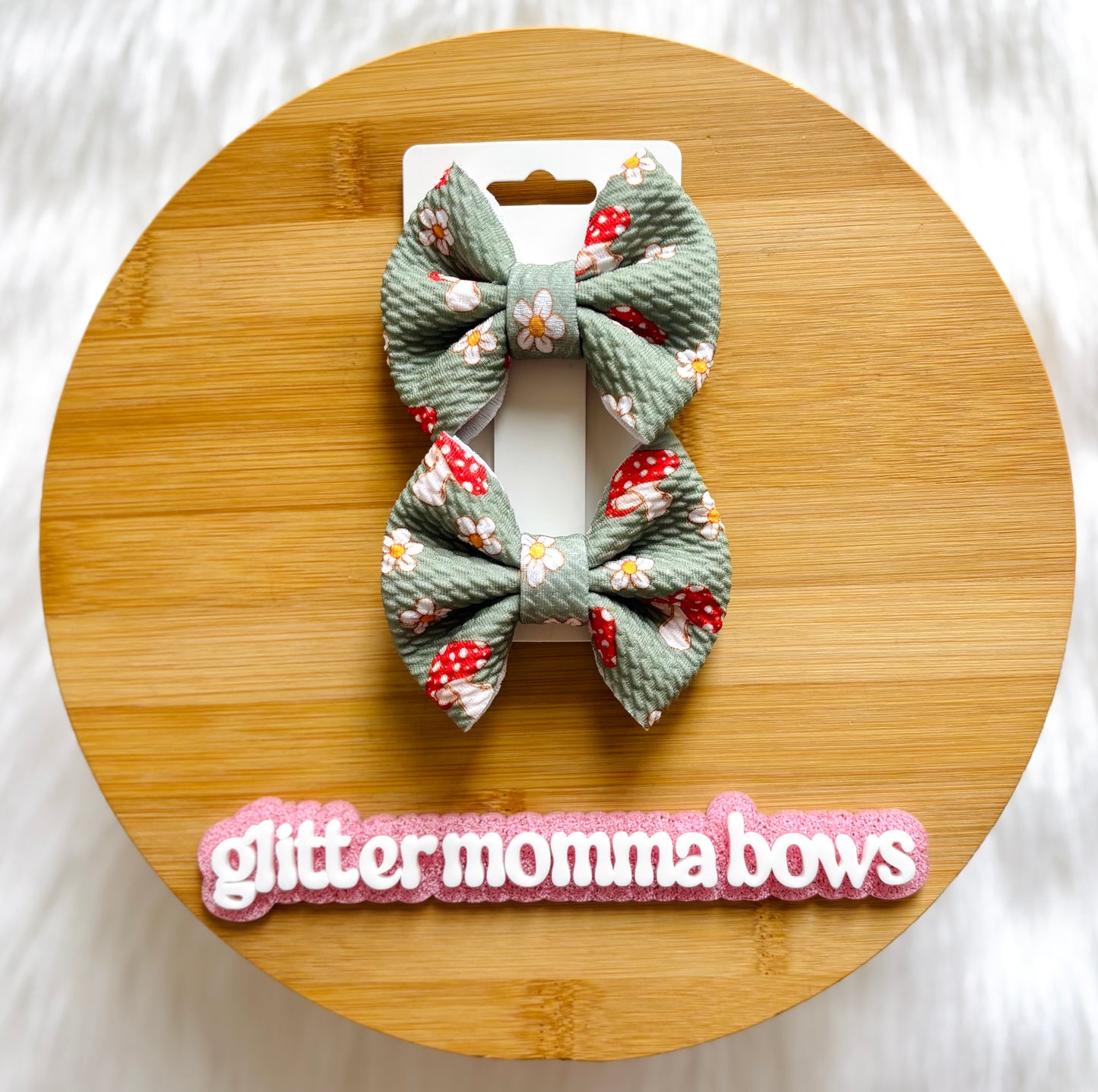3” Mushroom Floral Piggy Bows | Bullet Fabric Clips (Set of 2)