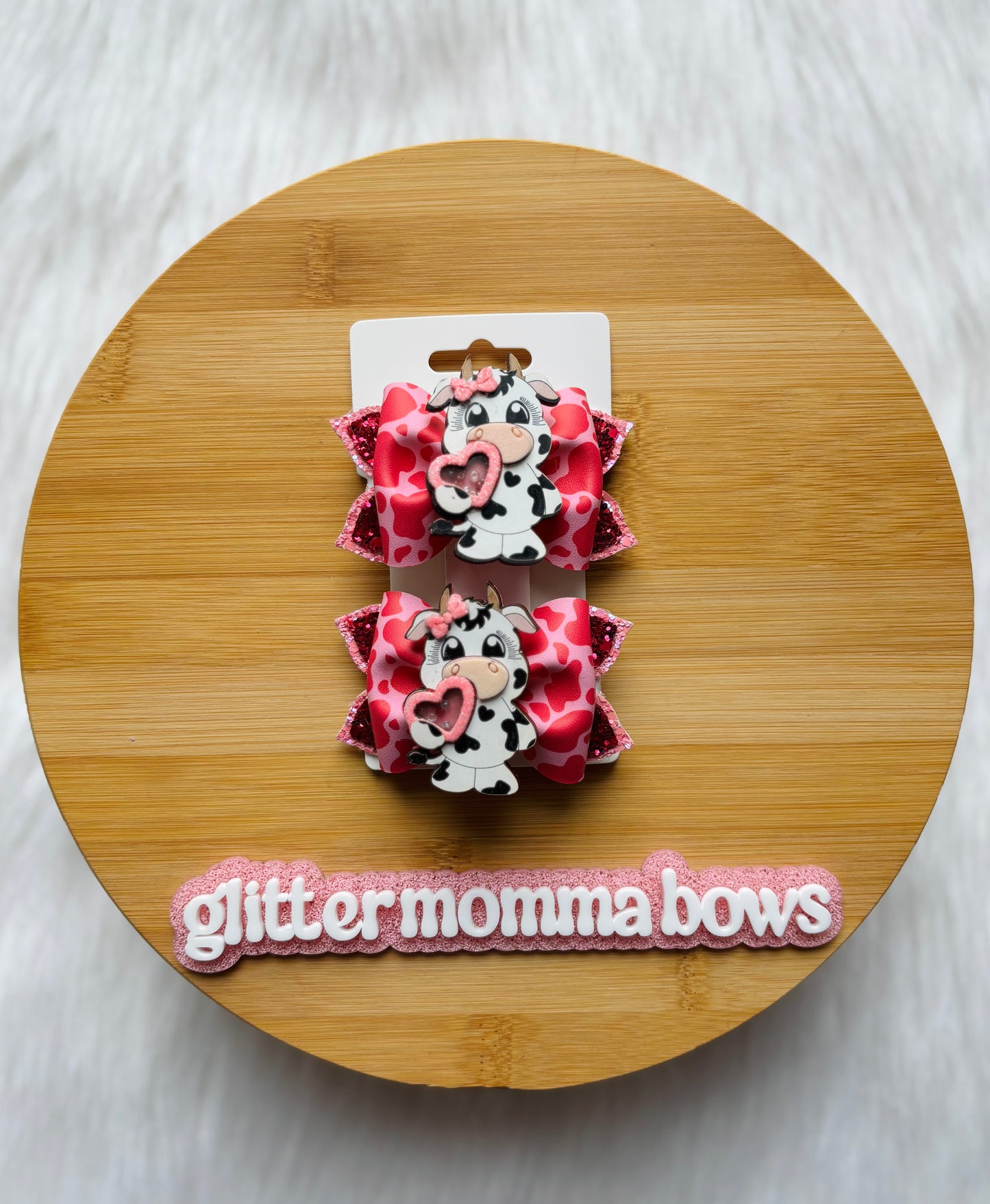 Cow Love Piggies Hair Bows – 3” Pigtail Bow Clips | Glitter Momma Bows