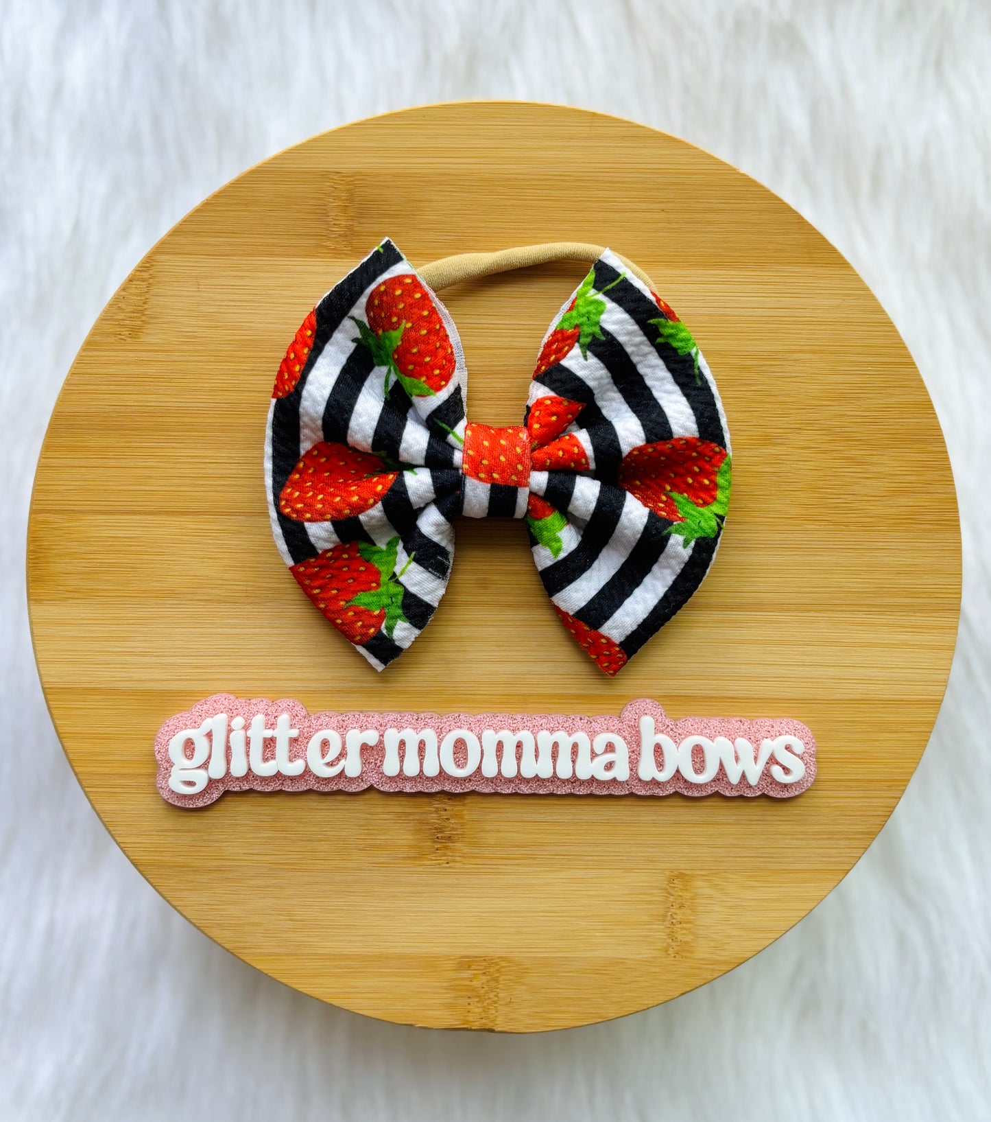 The "Sweet Summer" Strawberry Stripe Fabric Bow | Soft Nylon Baby Headband
