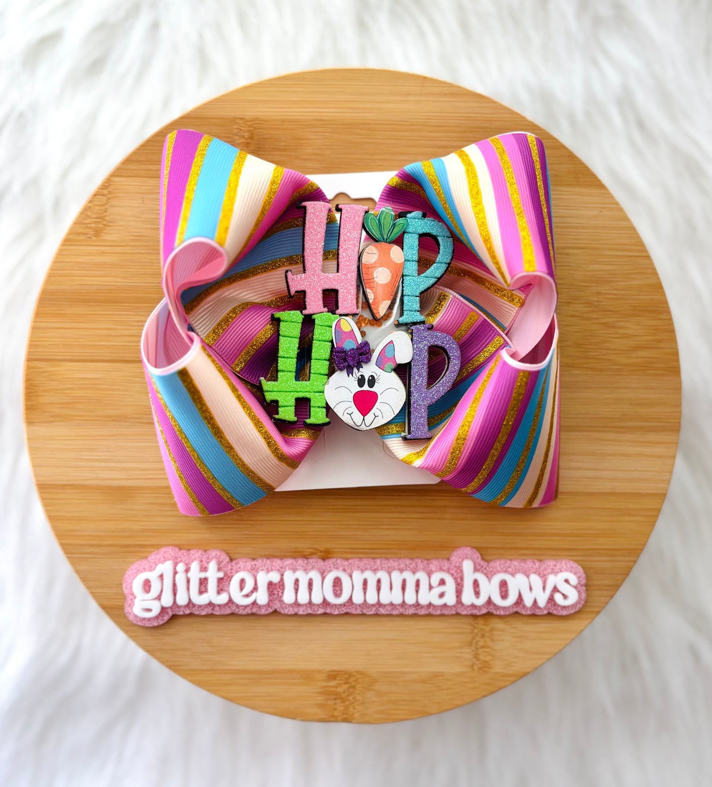 Easter Bunny Hop Hair Bow – Bright Striped Glitter Boutique Bow on Clip