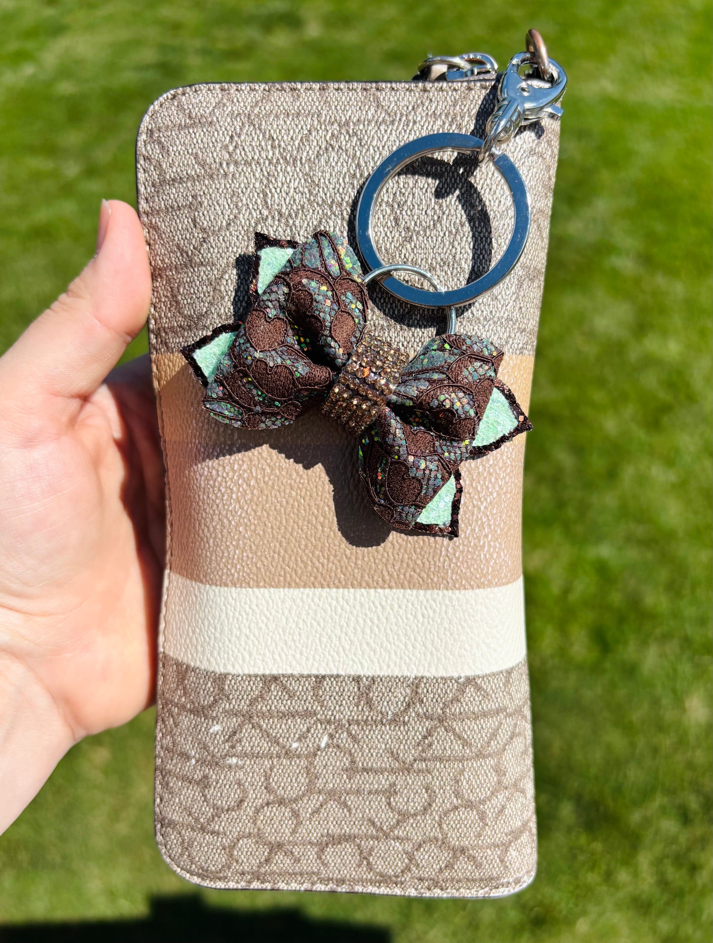 Blue & Pink Watercolor Bow Keychain | 3-Inch Glitter Bag Charm