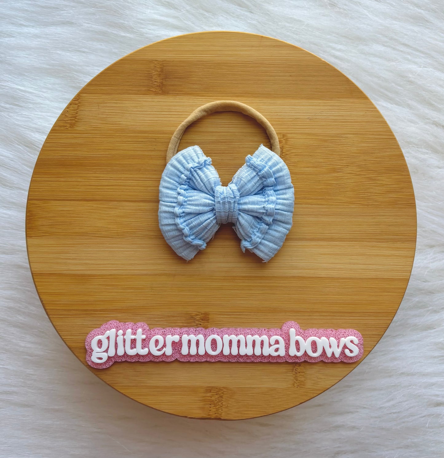 Baby Blue Ruffle Fabric Bow – 3” Soft Nylon Headband