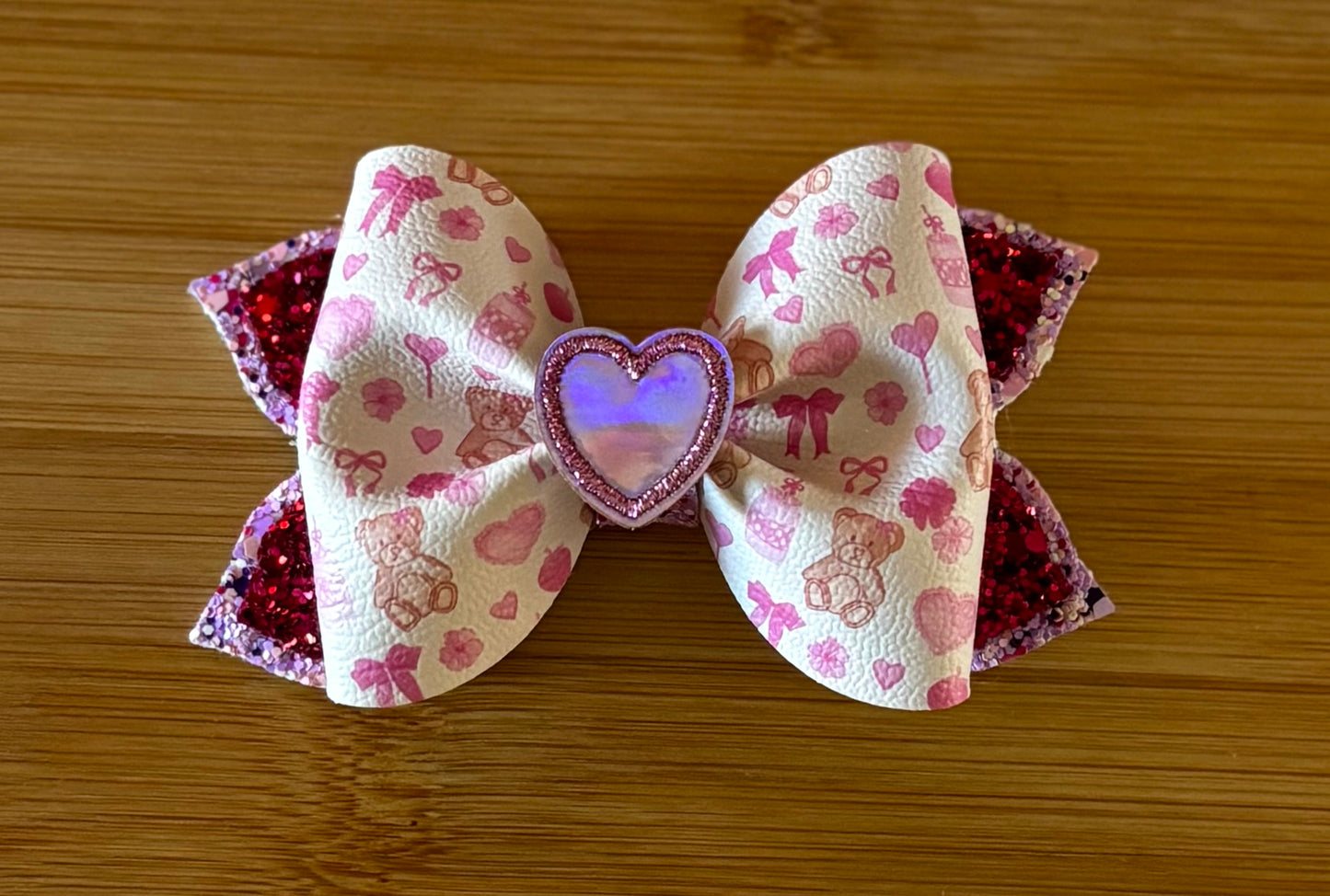 Pink Teddy Heart Pinch Bow Clip