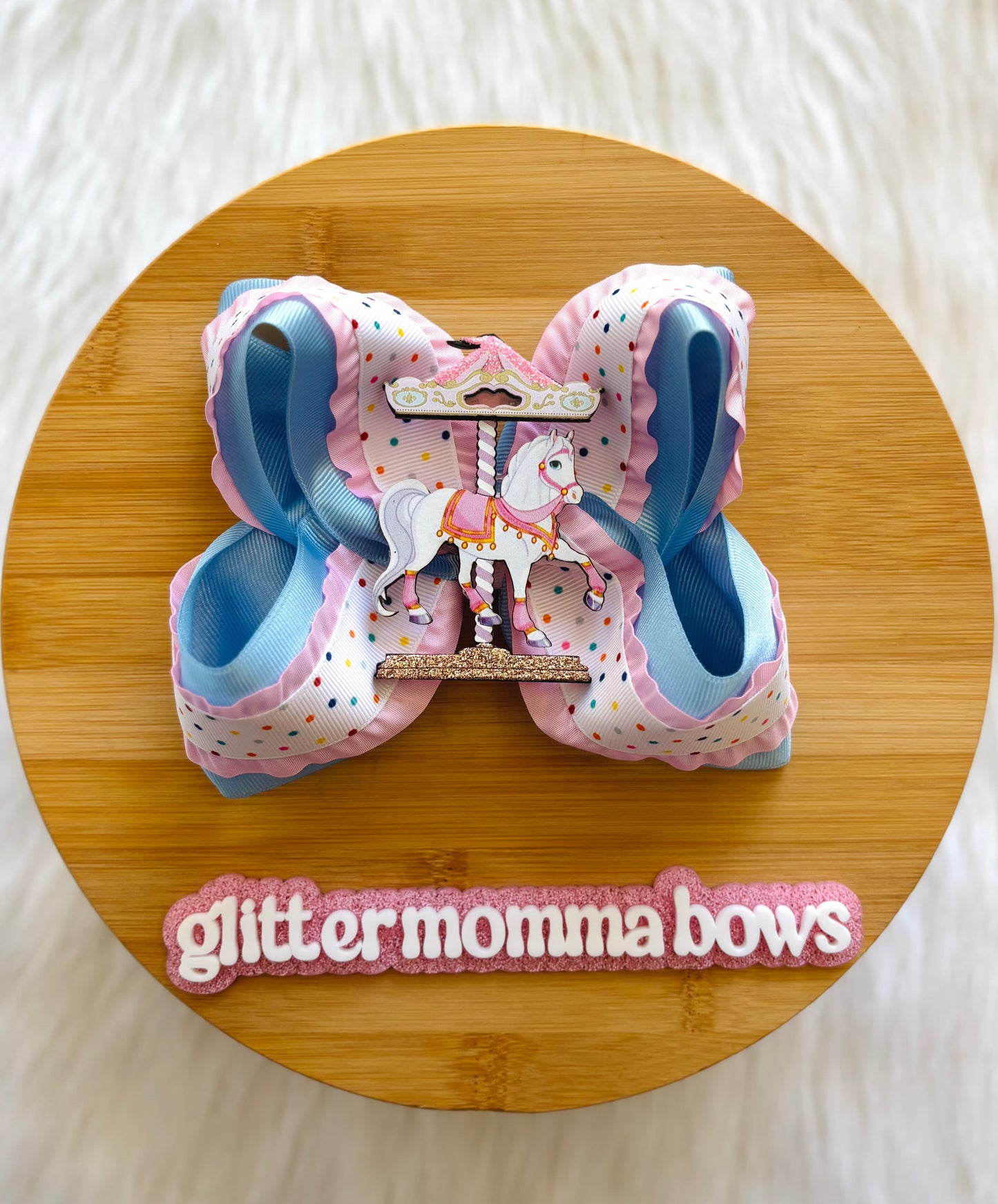 6" Carousel Horse Boutique Hair Bow – Pastel Rainbow Polka Dot & Blue Ruffle Ribbon – Large Oversized Hair Clip