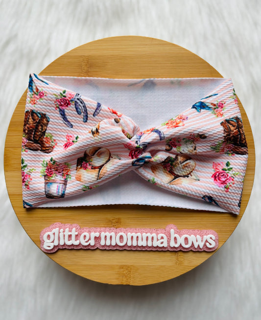 Rustic Chic Floral Western Head Wrap - Stretchy Bullet Fabric - Glitter Momma Bows