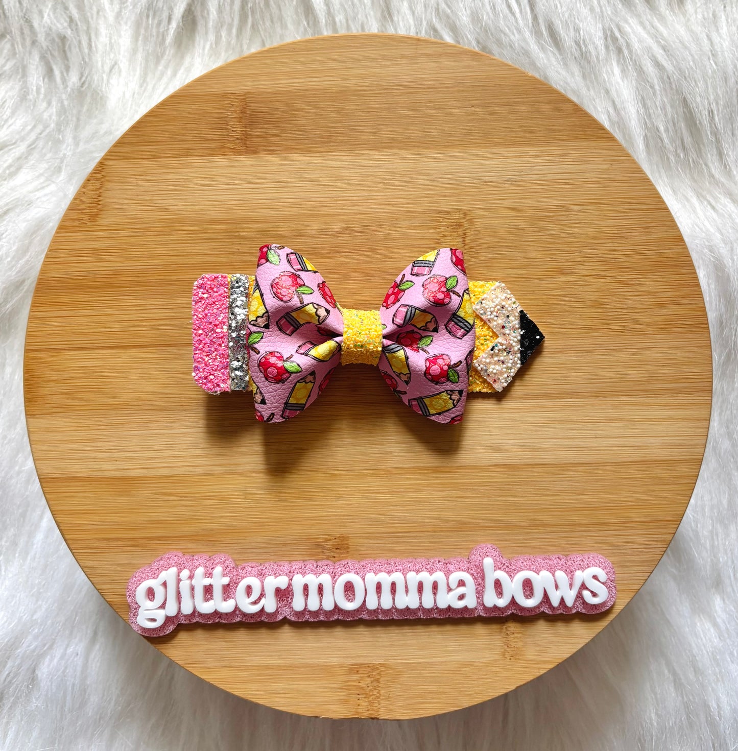 Back to School Pencil Hair Bow – 5 Inch Faux Leather Glitter Bow