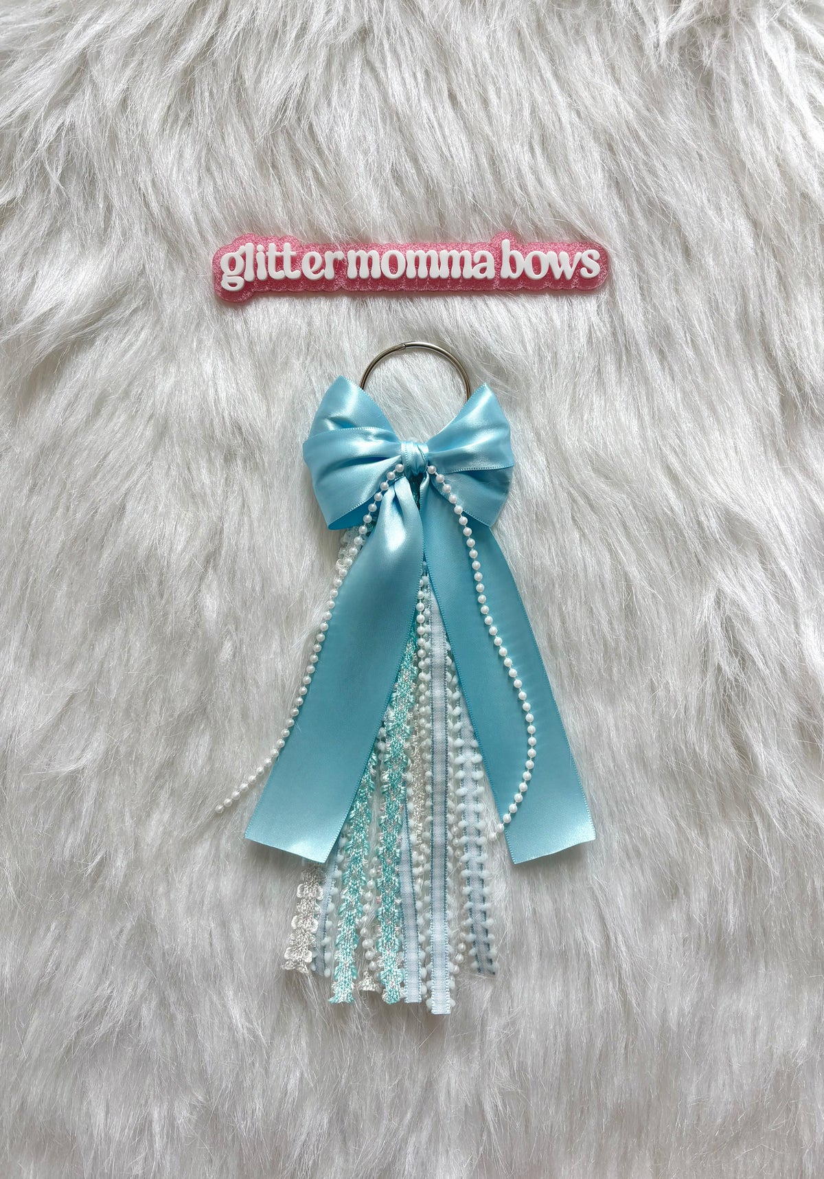 11” Baby Blue Glam Bag Bow | Satin, Lace & Pearl Backpack Bow