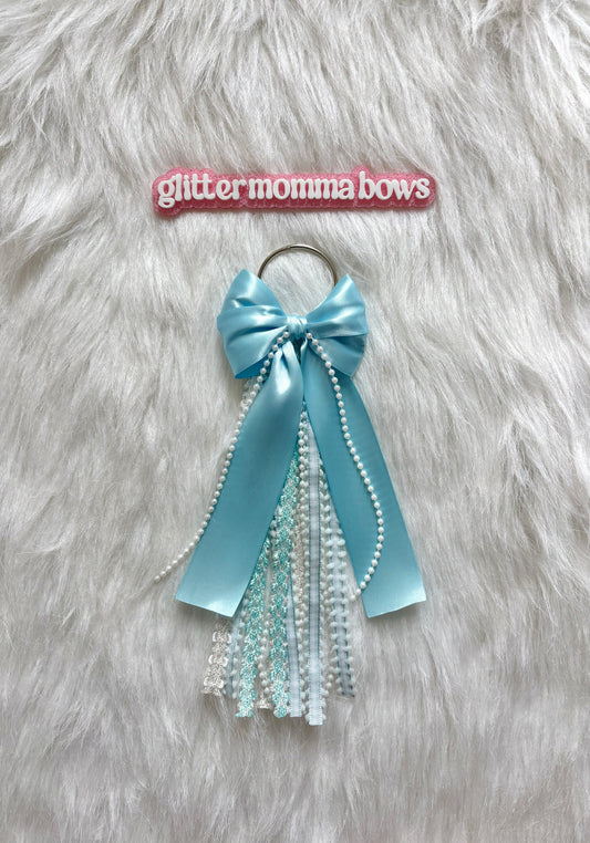 11” Baby Blue Glam Bag Bow | Satin, Lace & Pearl Backpack Bow
