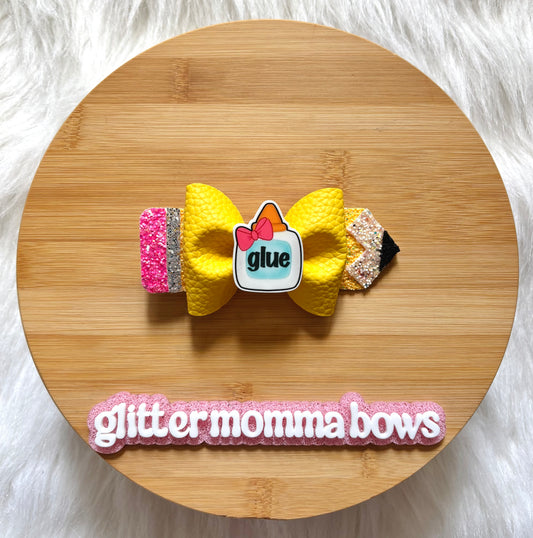 Back to School Yellow Pencil Bow with Glue Center (5") Hair Clip