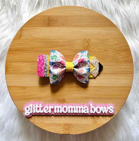 Dinosaur Back to School Pencil Hair Bow 5 Inch Rainbow Dino Clip