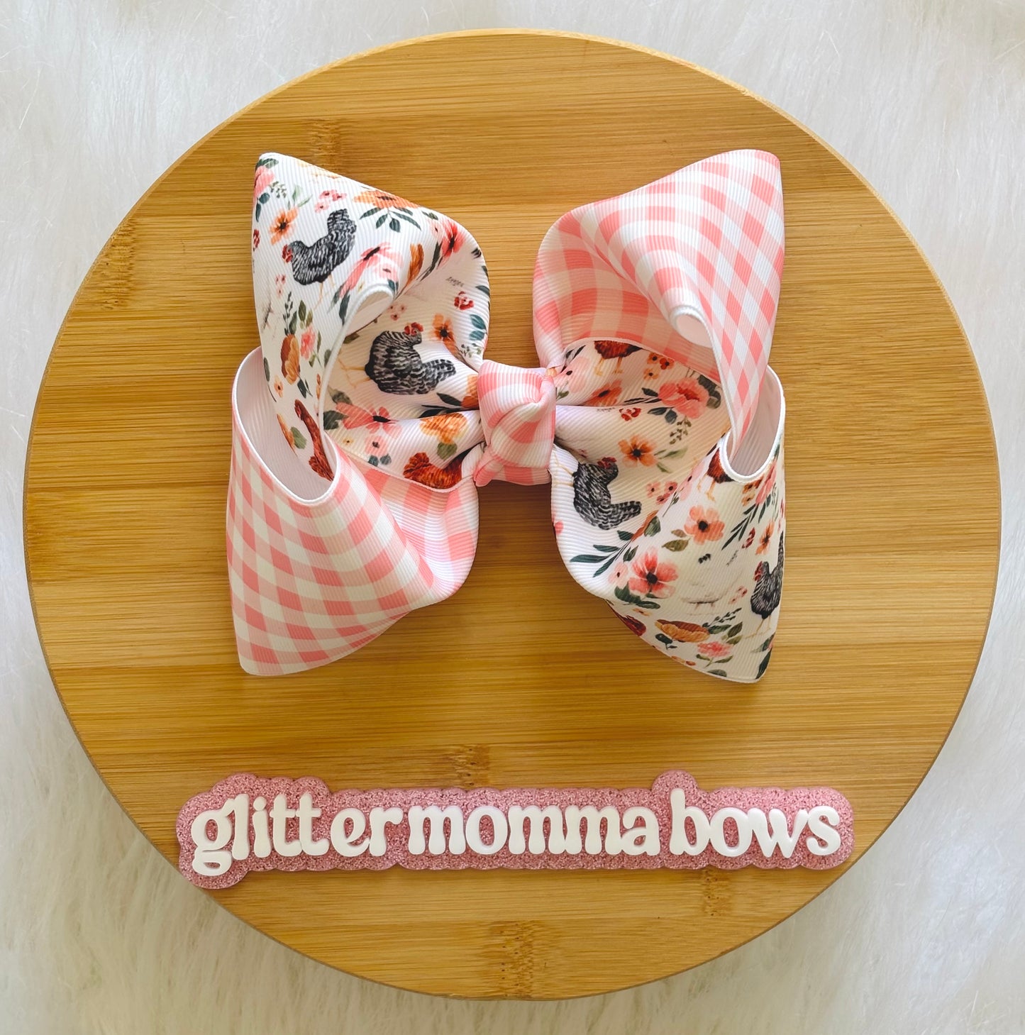 Spring Chicken Floral & Pink Gingham Boutique Bow – 6” Clip