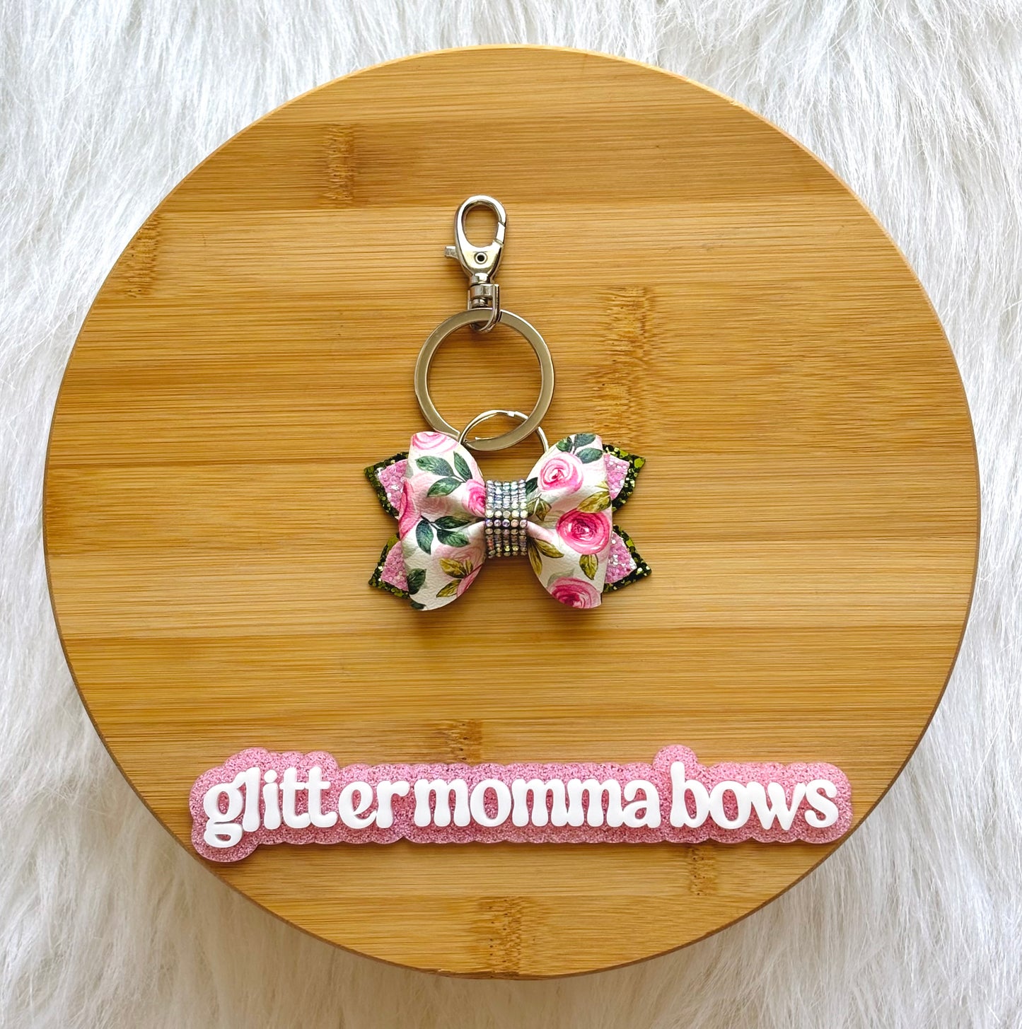 Floral Print Faux Leather Bow Keychain – 3" Glitter & Rhinestone Bag Charm