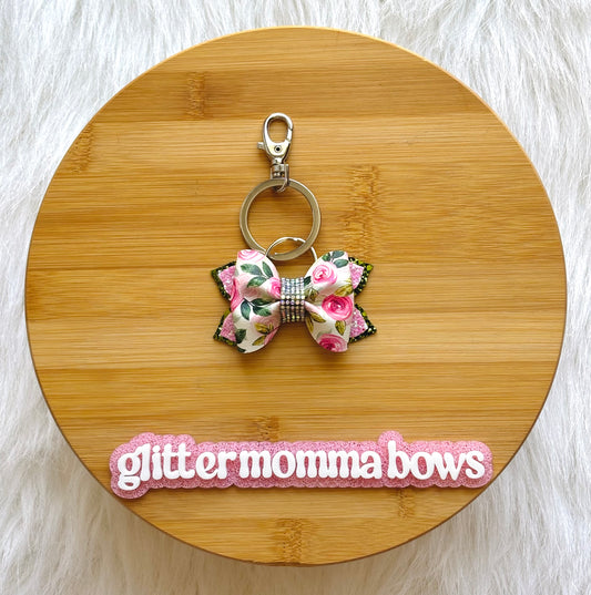 Floral Print Faux Leather Bow Keychain – 3" Glitter & Rhinestone Bag Charm