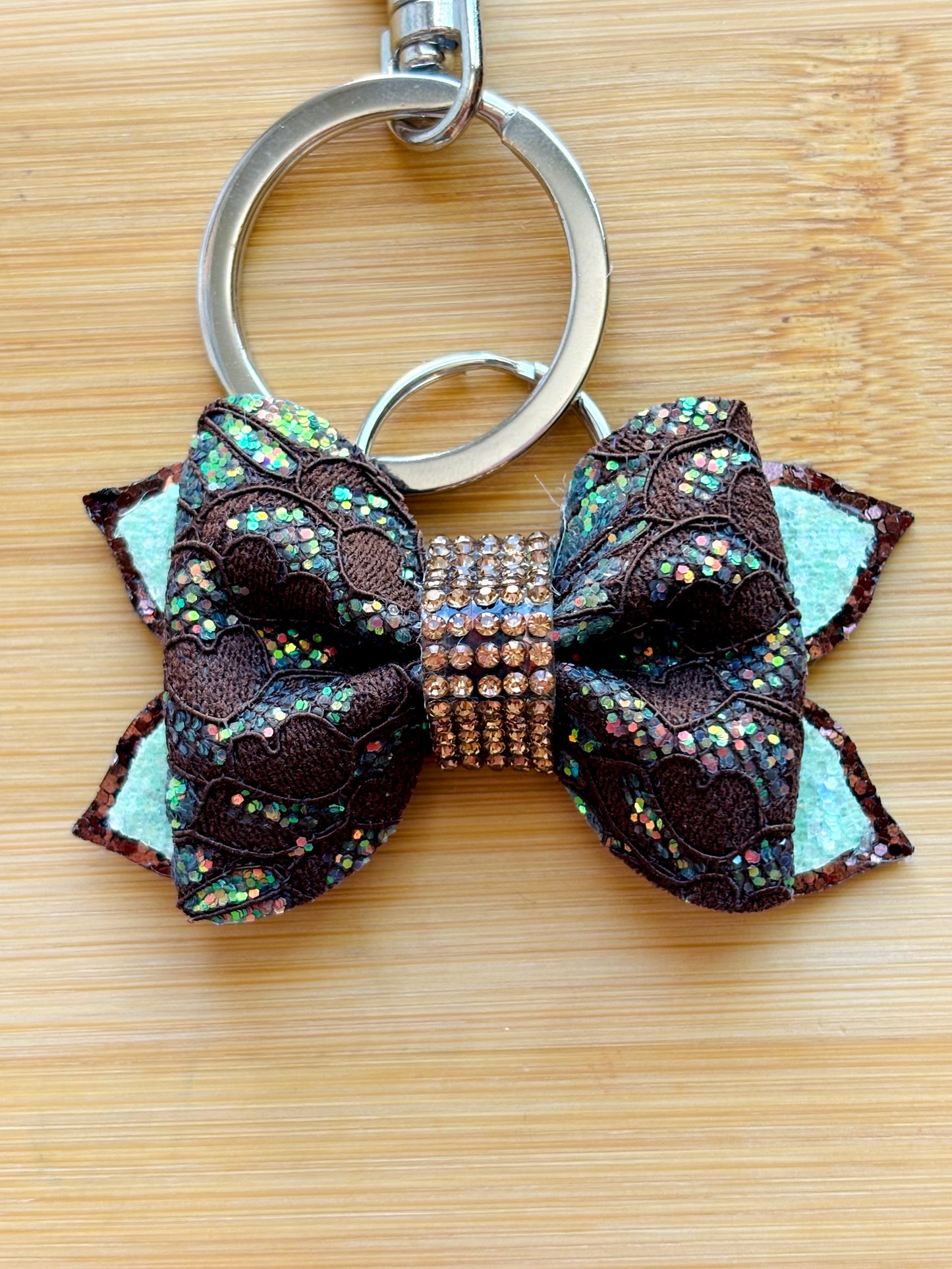 Dark Brown Lace & Mint Glitter Bow Keychain | 3-Inch Sparkly Bag Charm