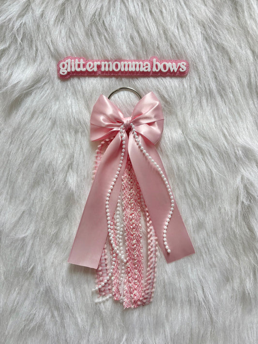 11” Custom Blush Pink Glam Bag Bow | Satin, Lace & Pearl Backpack Bow