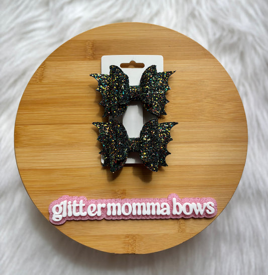 3” Glitter Bat Piggy Bows – Halloween Hair Bows Iridescent