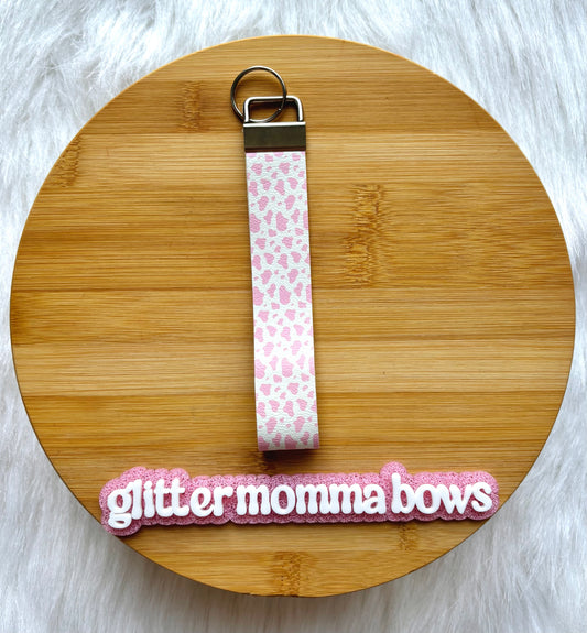 Faux Leather Wristlet Keychain – Cute Pattern Key Fob Bracelet- Pink Cow Print