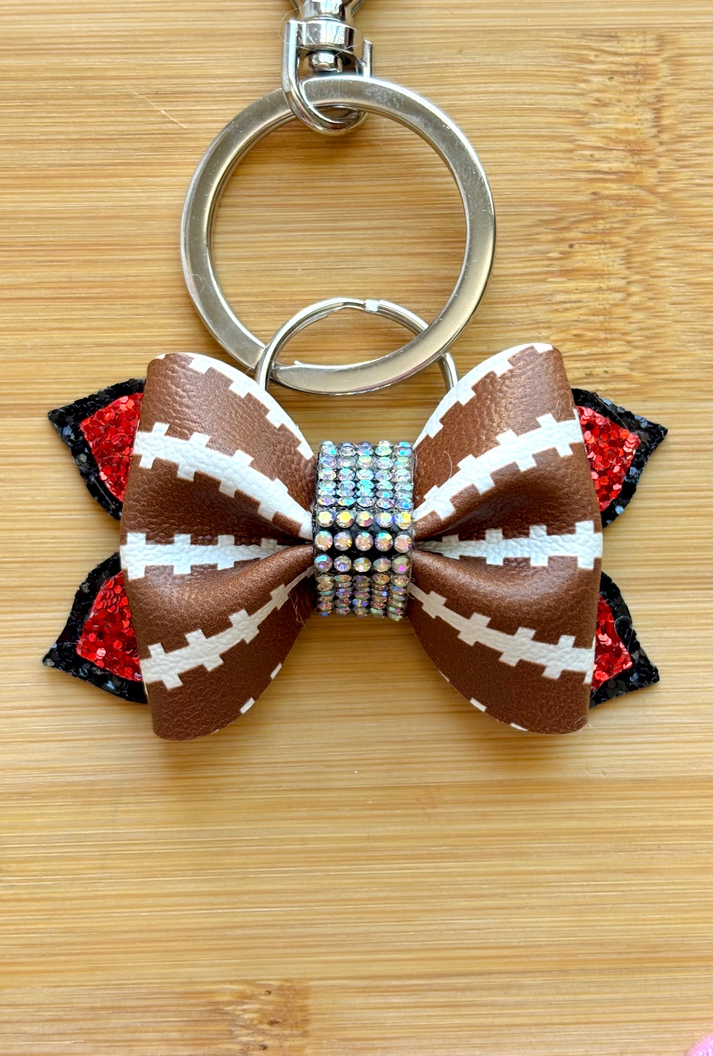 Football Print Bow Keychain | 3-Inch Glitter Sports Bag Charm