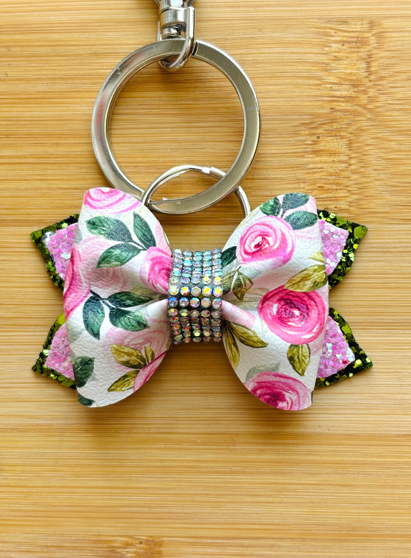 Floral Print Faux Leather Bow Keychain – 3" Glitter & Rhinestone Bag Charm