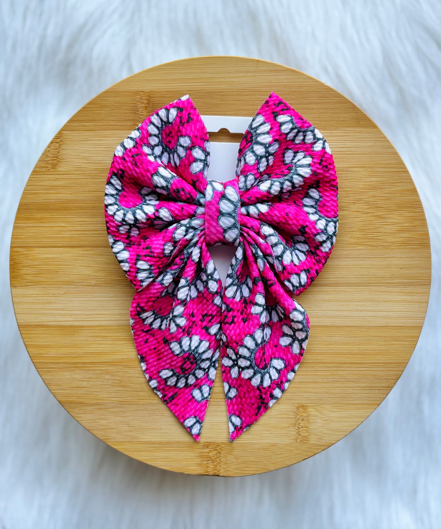The "Pink Petal" Oversized Sailor Bow Hot Pink Floral Sailor Bow - Handmade Textured Fabric Hair Bow for Girls