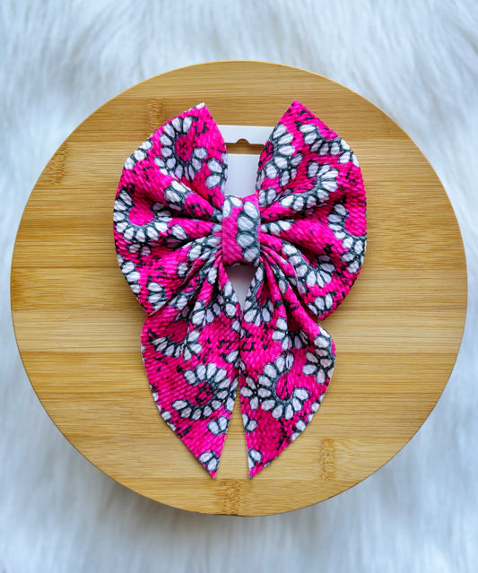 The "Pink Petal" Oversized Sailor Bow Hot Pink Floral Sailor Bow - Handmade Textured Fabric Hair Bow for Girls