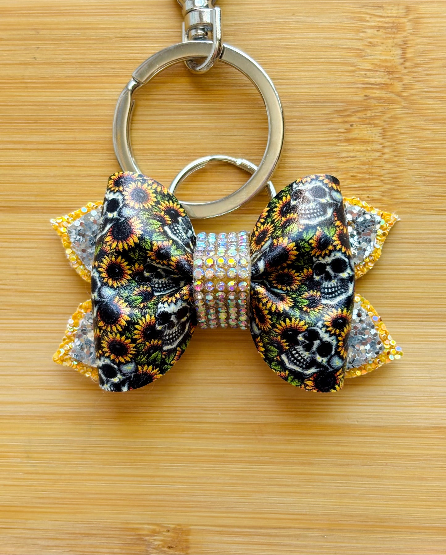 Sunflower & Skulls Bow Keychain | 3-Inch Glitter Bag Charm