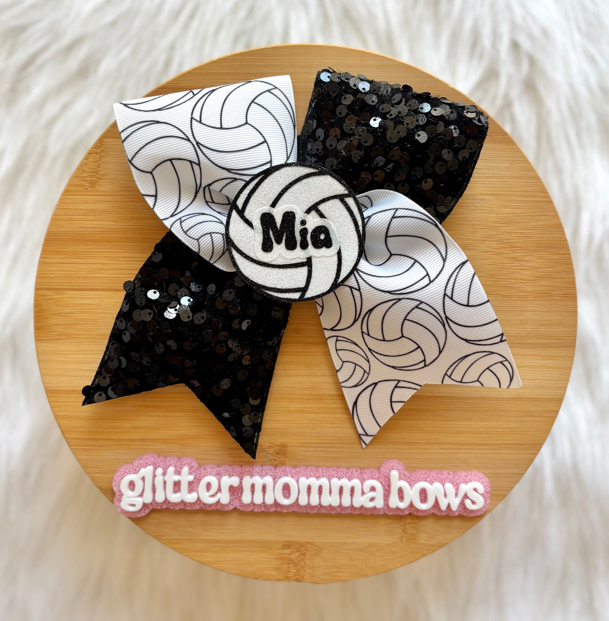 Personalized Mia Volleyball Cheer Bow – Black Sequin & Volleyball Print