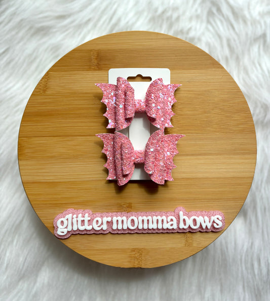 3” Glitter Bat Piggy Bows – Halloween Hair Bows Pink