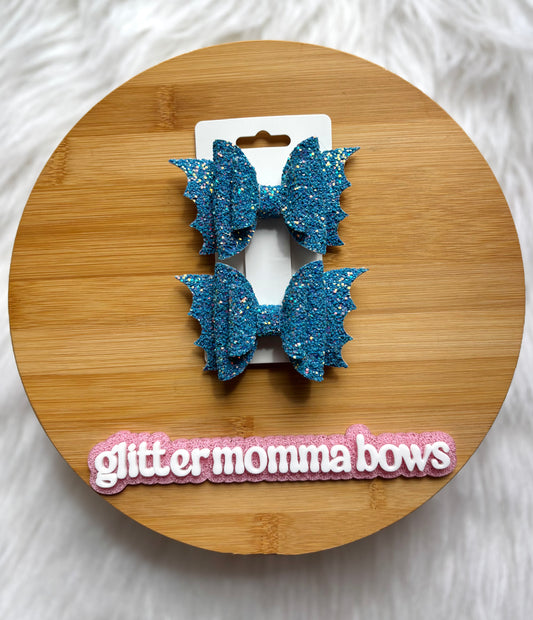 3” Glitter Bat Piggy Bows – Halloween Hair Bows Blue
