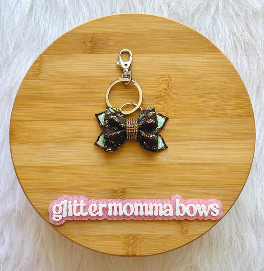 Dark Brown Lace & Mint Glitter Bow Keychain | 3-Inch Sparkly Bag Charm