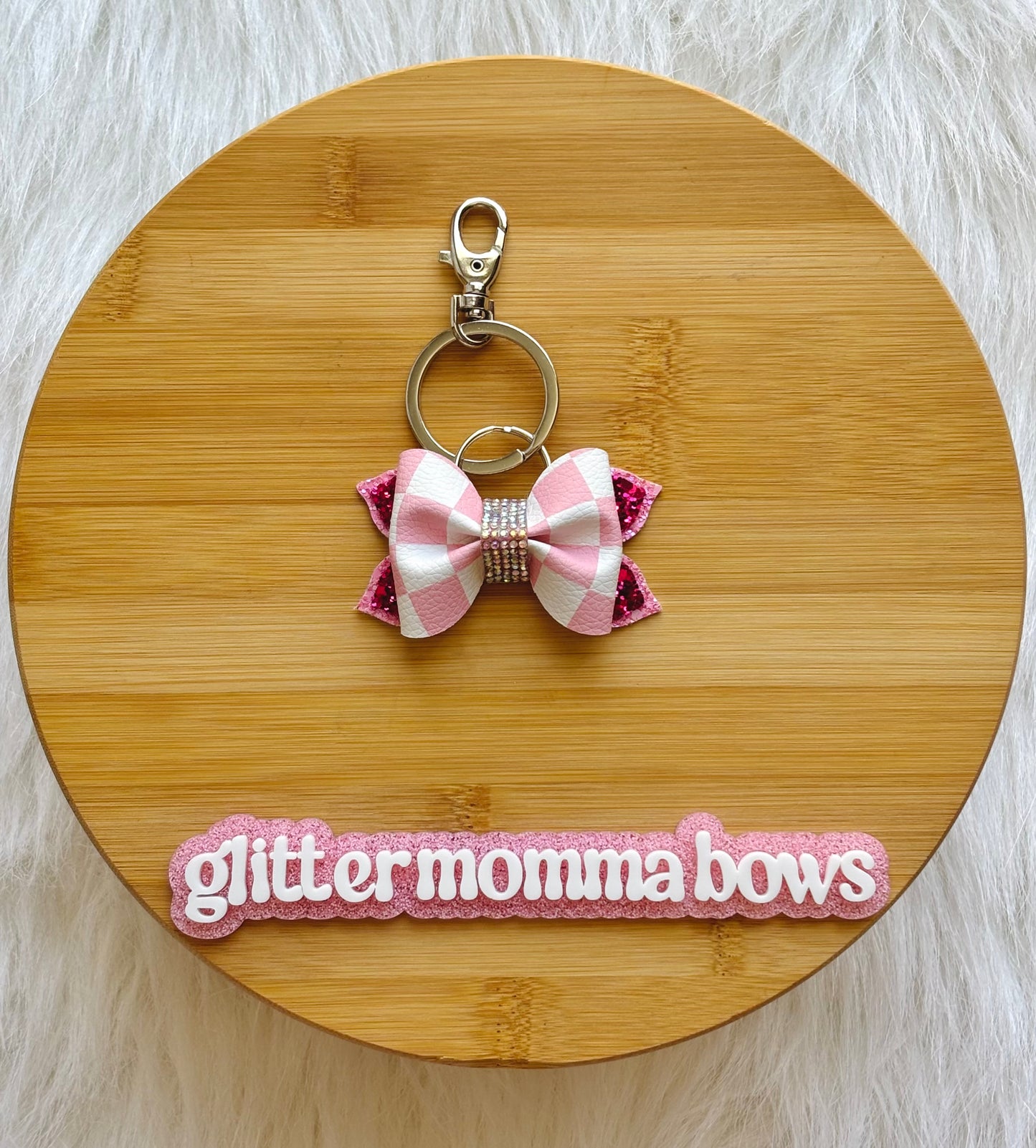 Hot Pink Glitter & Checkerboard Bow Keychain – Rhinestone Center Accent
