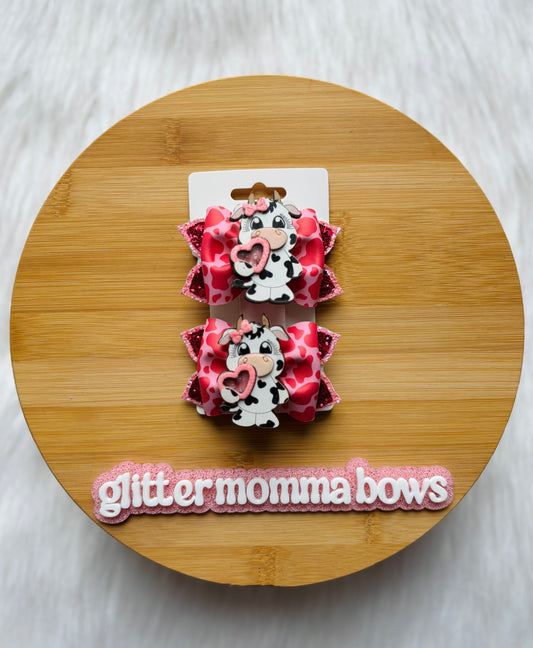 Cow Love Piggies Hair Bows – 3” Pigtail Bow Clips | Glitter Momma Bows