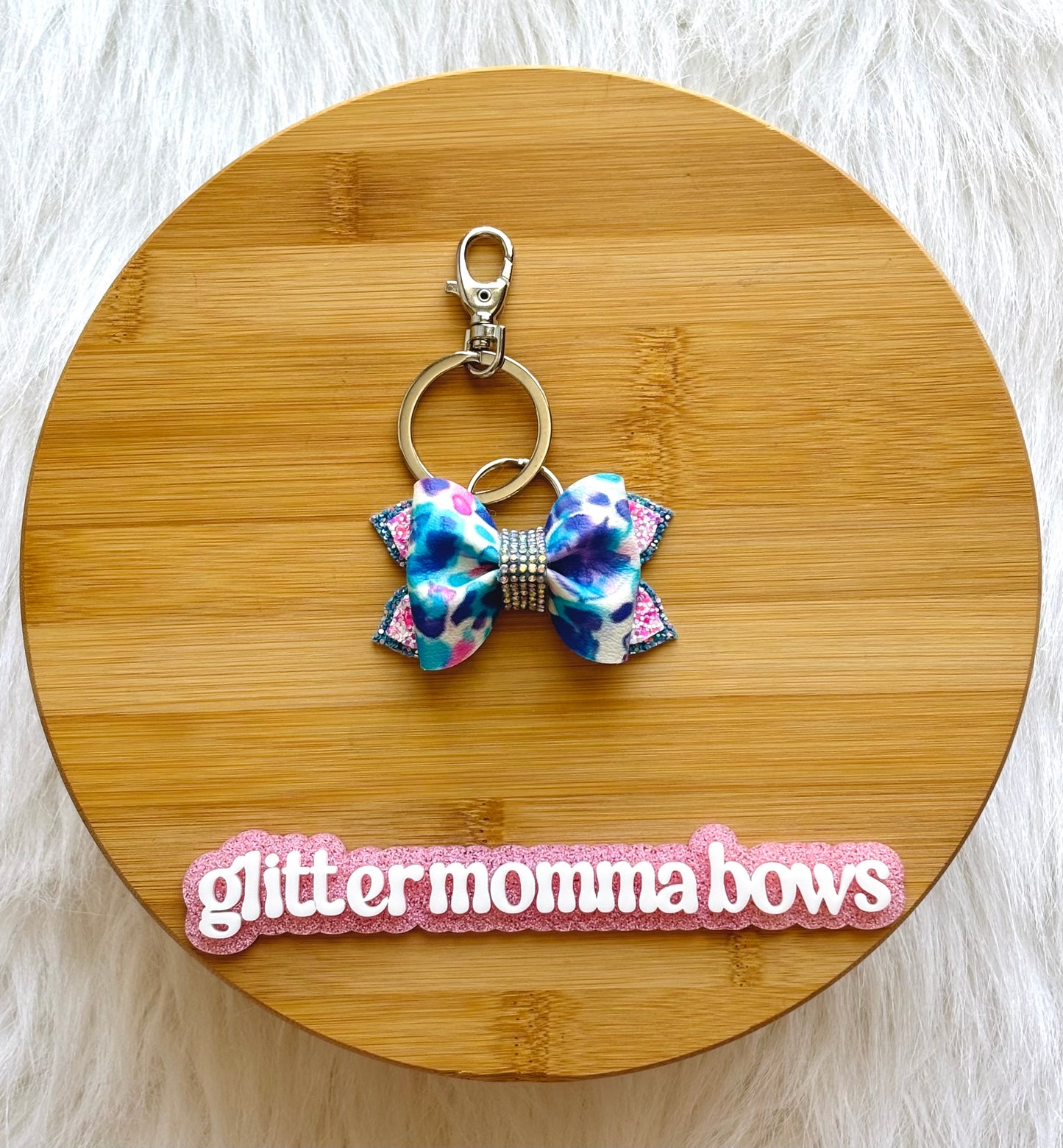 Blue & Pink Watercolor Bow Keychain | 3-Inch Glitter Bag Charm