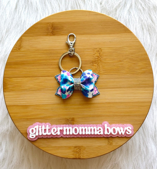 Blue & Pink Watercolor Bow Keychain | 3-Inch Glitter Bag Charm