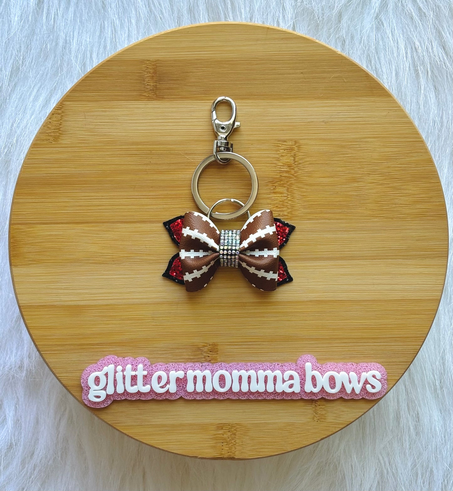 Football Print Bow Keychain | 3-Inch Glitter Sports Bag Charm
