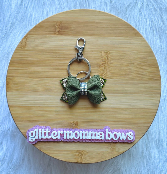 Textured Olive Lace 3" Handmade Bow Keychain | Gold Glitter Accents