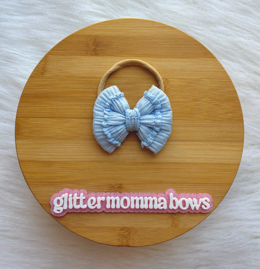 Baby Blue Ruffle Fabric Bow – 3” Soft Nylon Headband