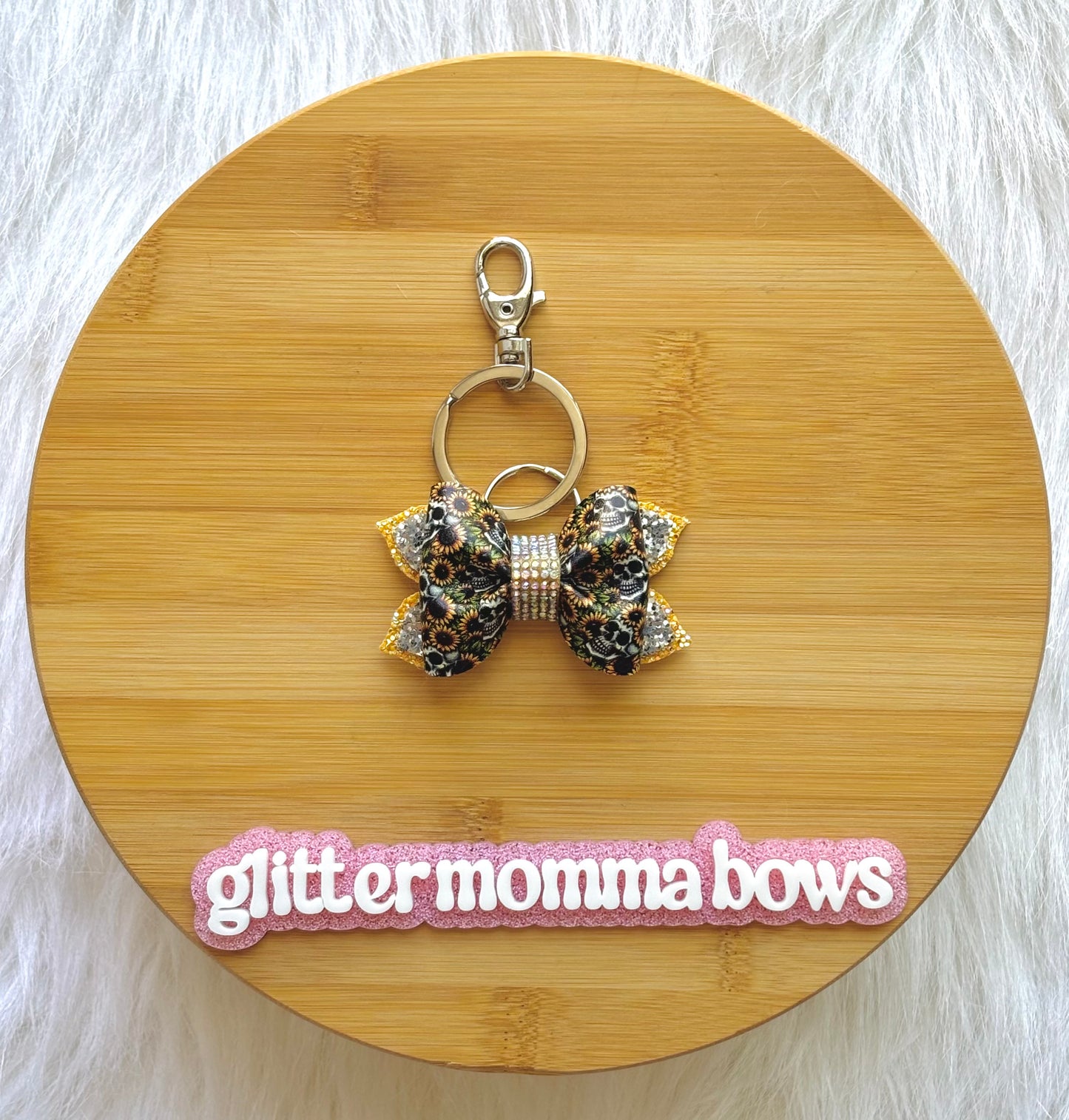 Sunflower & Skulls Bow Keychain | 3-Inch Glitter Bag Charm
