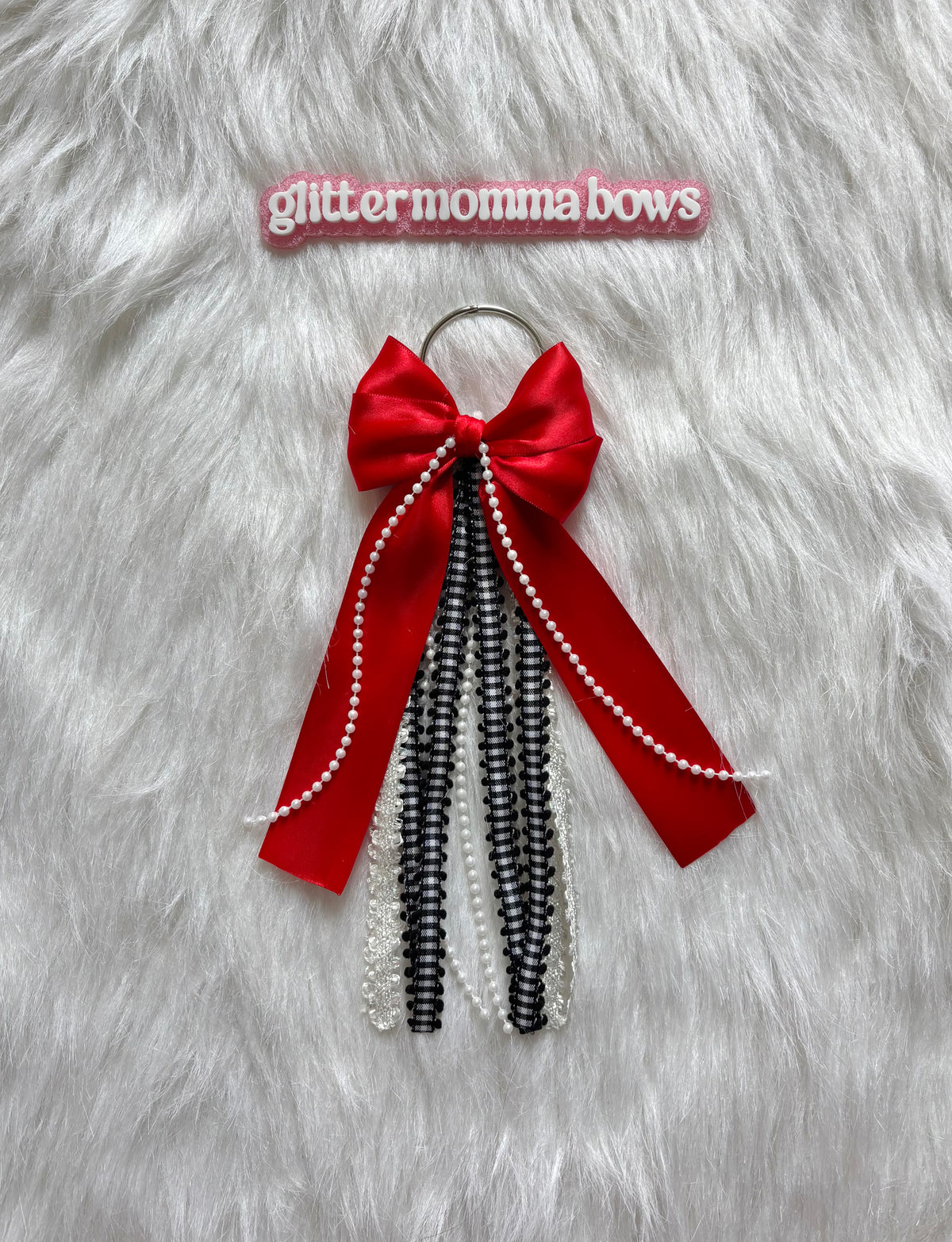 11” Red Glam Bag Bow | Satin, Lace & Pearl Backpack Bow