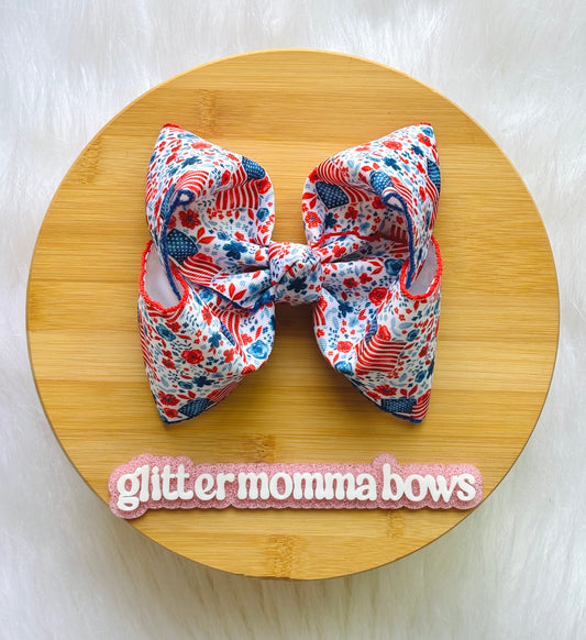 6" Patriotic Floral Moonstitch Hair Bow - Red, White & Blue Americana Hair Clip