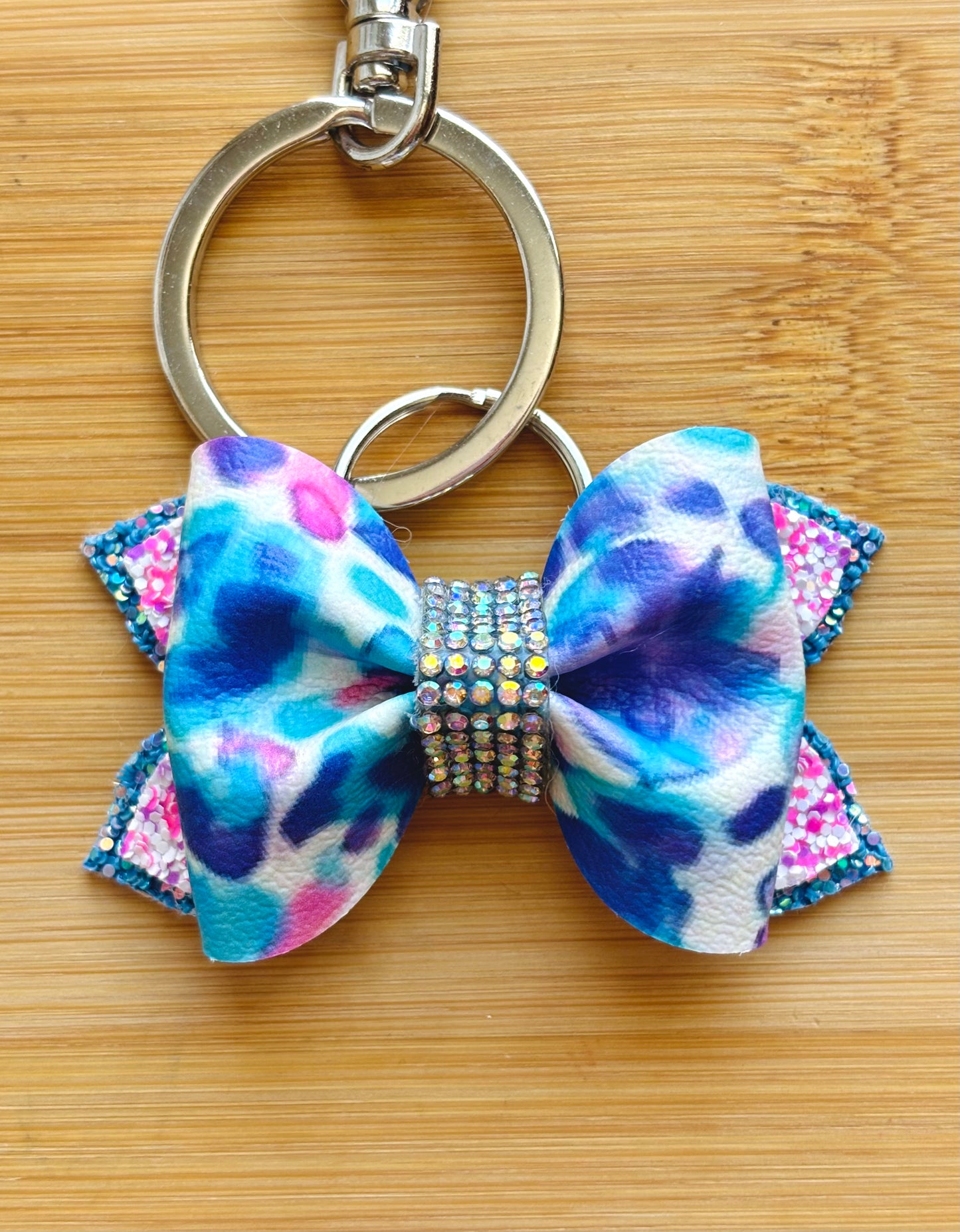 Blue & Pink Watercolor Bow Keychain | 3-Inch Glitter Bag Charm