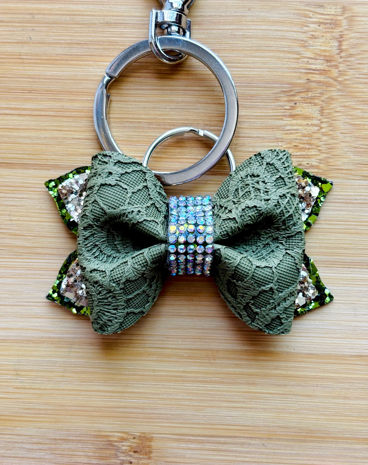 Textured Olive Lace 3" Handmade Bow Keychain | Gold Glitter Accents