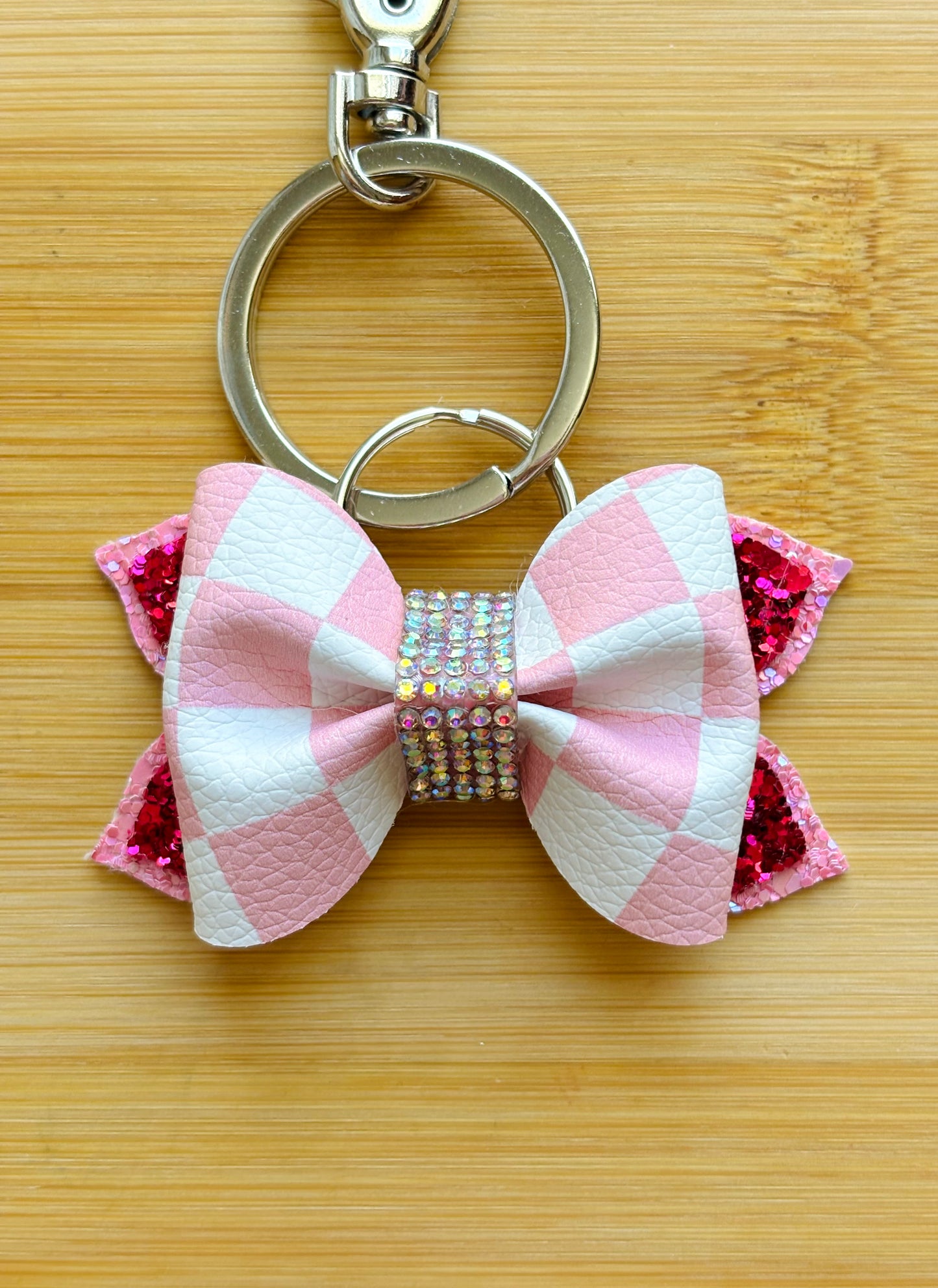 Hot Pink Glitter & Checkerboard Bow Keychain – Rhinestone Center Accent