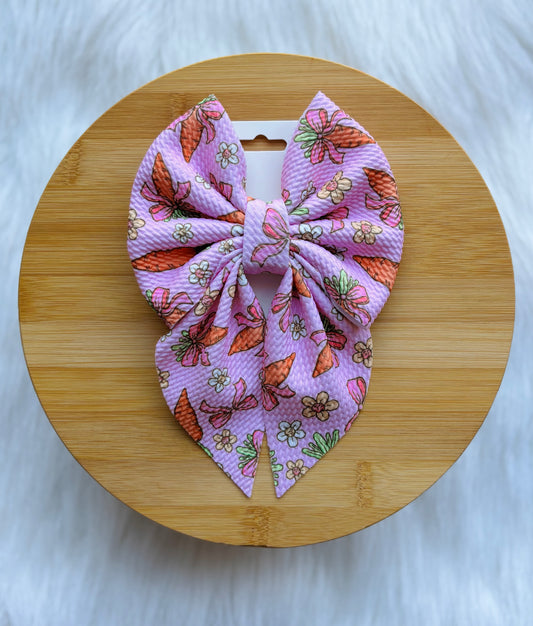Pink Spring Carrot & Floral Oversized Hair Bow | Handcrafted Easter Accessory for Toddlers & Girls | Bullet Fabric Sailor Bow