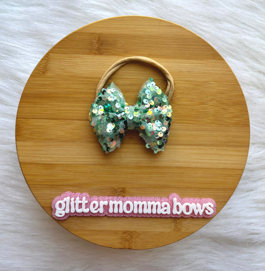 Sparkling Mint Sequin Baby Bow – 3” Nylon Headband